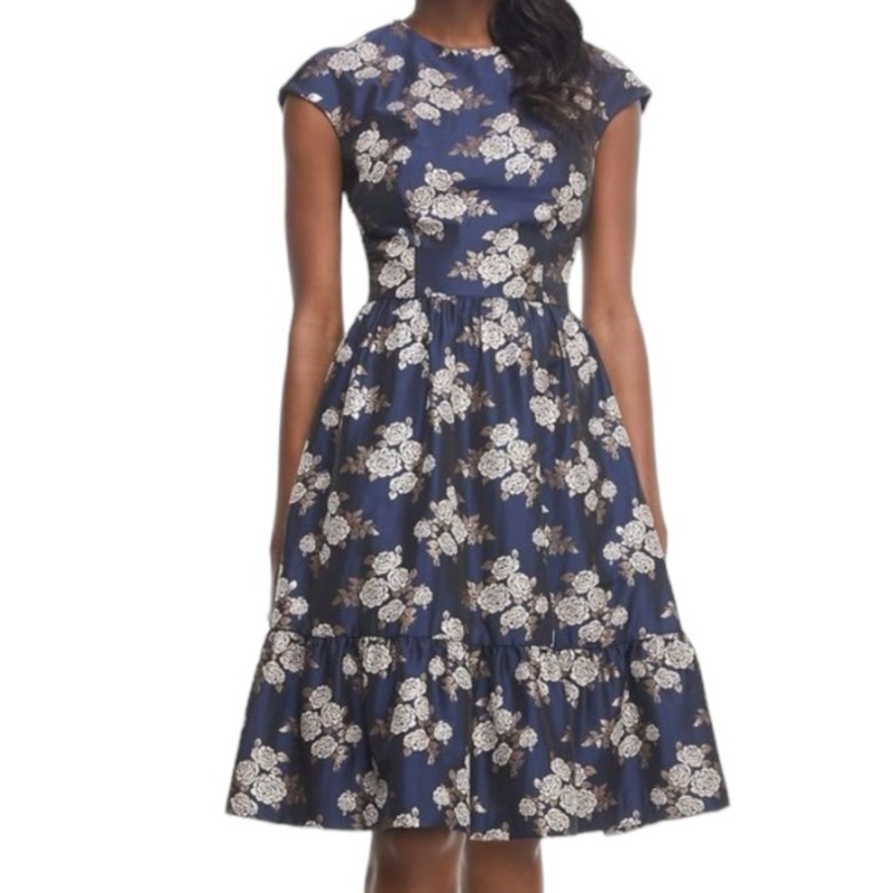 Gal Meets Glam Jenny Wallpaper Rose Jacquard Dress Women’s Size 4 Navy Gold